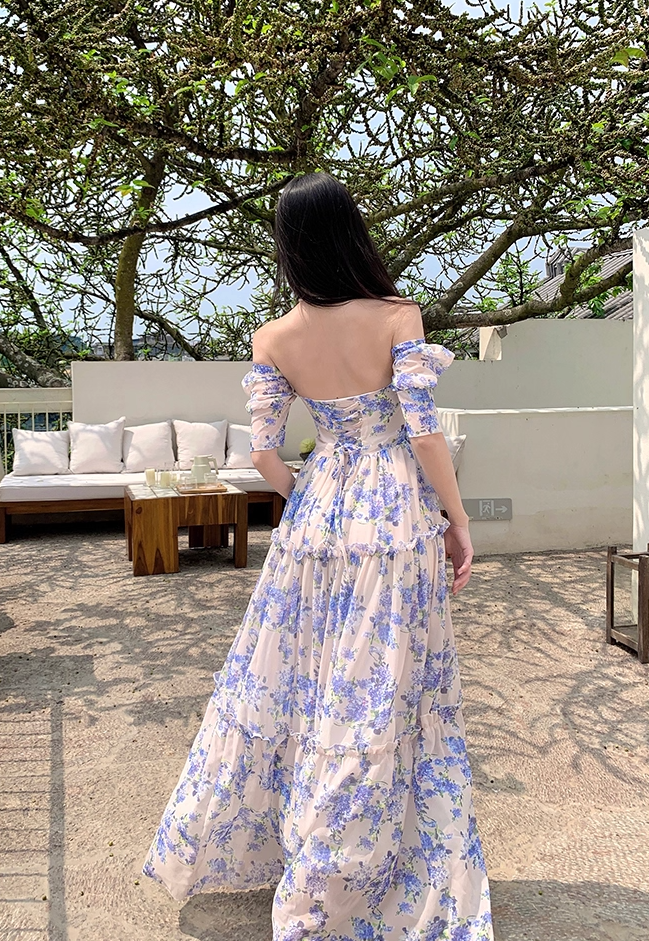 Casual A-Line Square Neck Maxi Dresses Princess Short Sleeve Floral Print Ruffles Flowy Long Dress AP3383