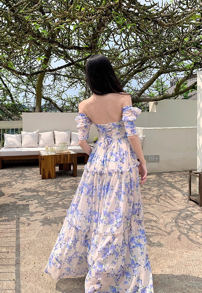 Casual A-Line Square Neck Maxi Dresses Princess Short Sleeve Floral Print Ruffles Flowy Long Dress AP3383