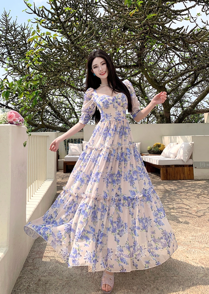 Casual A-Line Square Neck Maxi Dresses Princess Short Sleeve Floral Print Ruffles Flowy Long Dress AP3383