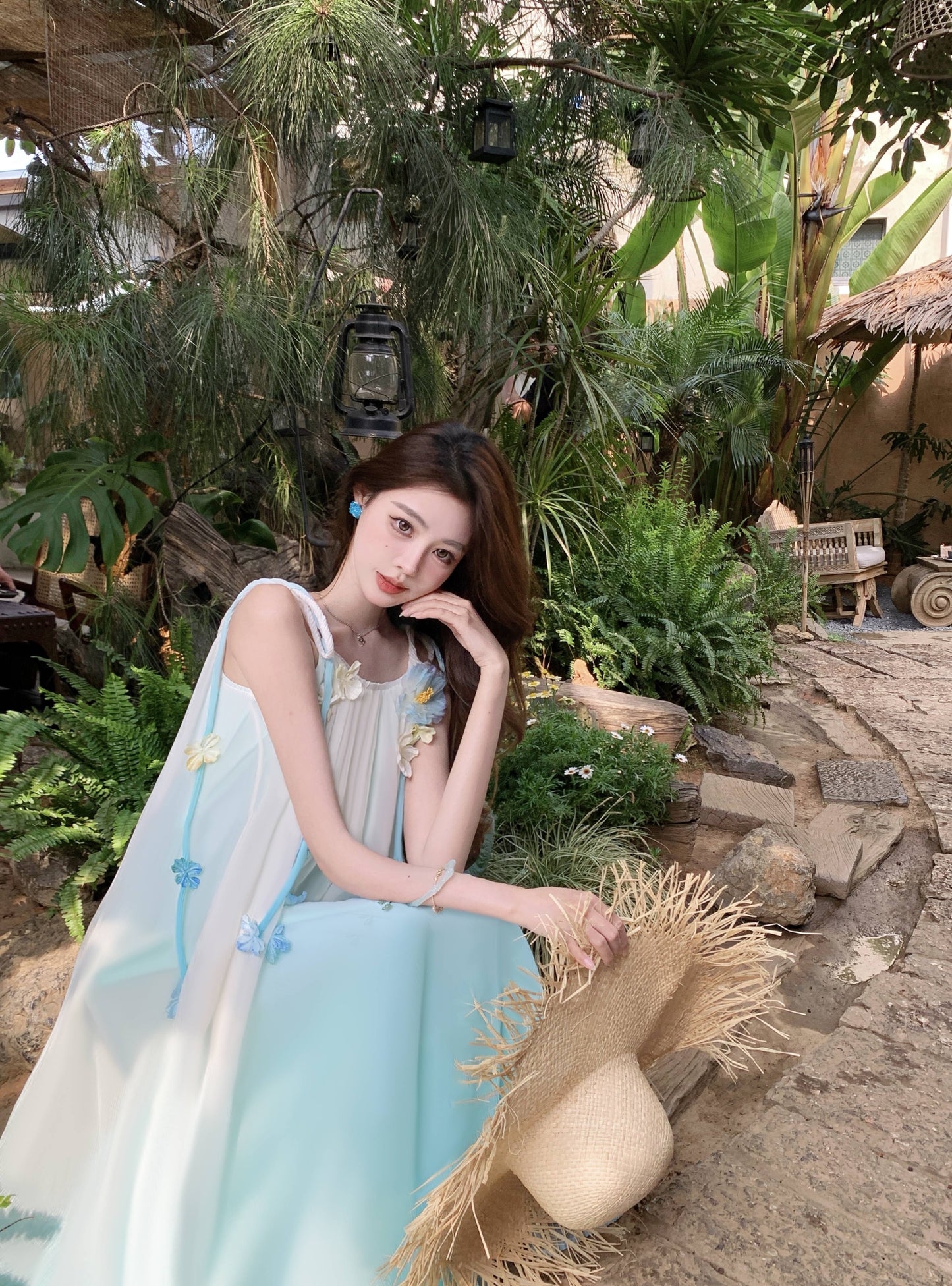 Delicate Floral Accent Spaghetti Strap A-Line Maxi Dress Fancy Flowy Loose Fit Ombre Long Dress AP3384