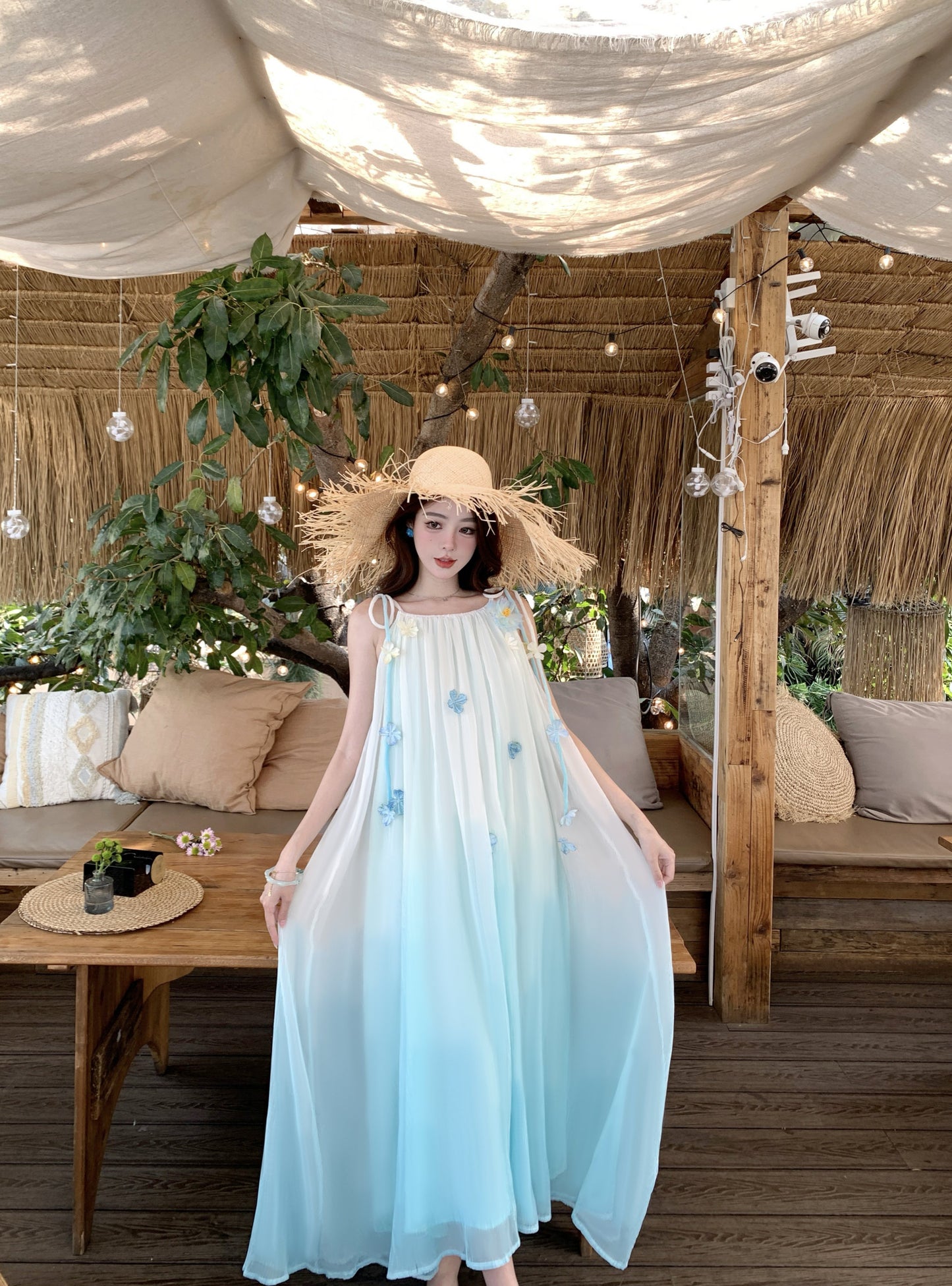 Delicate Floral Accent Spaghetti Strap A-Line Maxi Dress Fancy Flowy Loose Fit Ombre Long Dress AP3384