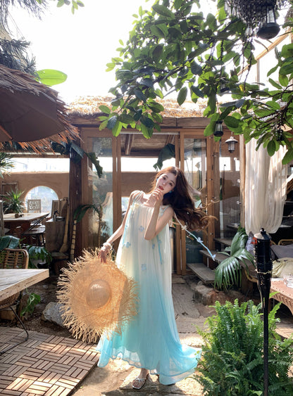 Delicate Floral Accent Spaghetti Strap A-Line Maxi Dress Fancy Flowy Loose Fit Ombre Long Dress AP3384