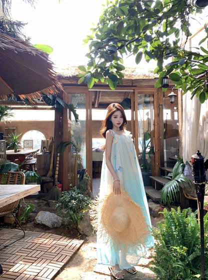 Delicate Floral Accent Spaghetti Strap A-Line Maxi Dress Fancy Flowy Loose Fit Ombre Long Dress AP3384