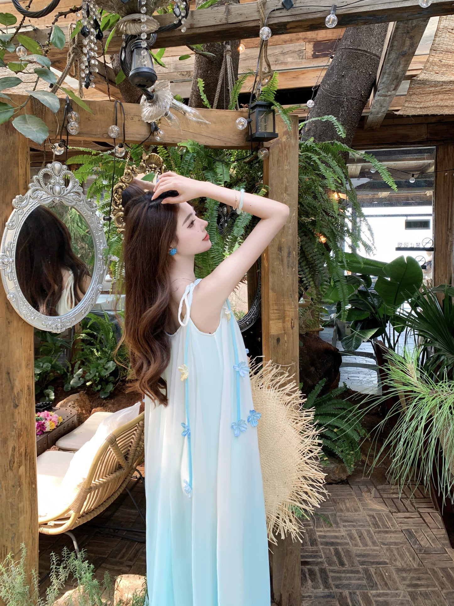 Delicate Floral Accent Spaghetti Strap A-Line Maxi Dress Fancy Flowy Loose Fit Ombre Long Dress AP3384