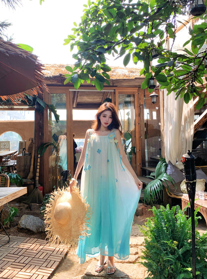 Delicate Floral Accent Spaghetti Strap A-Line Maxi Dress Fancy Flowy Loose Fit Ombre Long Dress AP3384