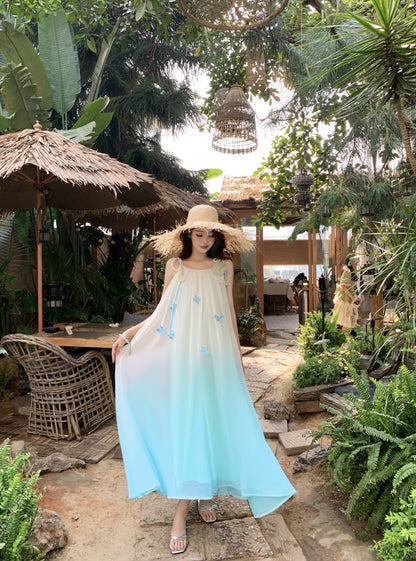 Delicate Floral Accent Spaghetti Strap A-Line Maxi Dress Fancy Flowy Loose Fit Ombre Long Dress AP3384