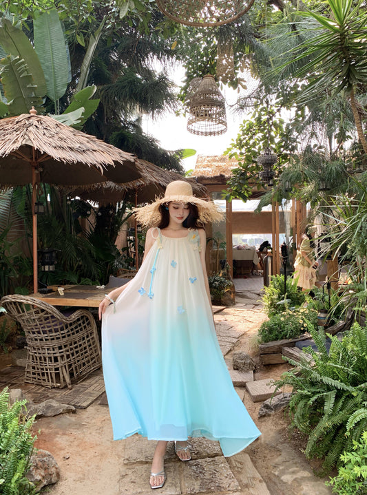 Delicate Floral Accent Spaghetti Strap A-Line Maxi Dress Fancy Flowy Loose Fit Ombre Long Dress AP3384