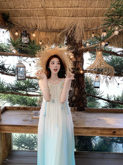 Delicate Floral Accent Spaghetti Strap A-Line Maxi Dress Fancy Flowy Loose Fit Ombre Long Dress AP3384