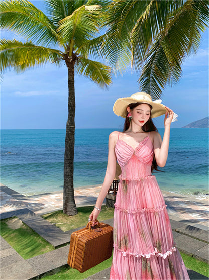 Fancy Spaghetti Strap A-Line Floral Maxi Dress Pretty Cinched-Waist Ruffles Long Dress AP3385