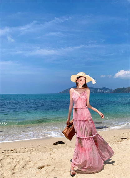 Fancy Spaghetti Strap A-Line Floral Maxi Dress Pretty Cinched-Waist Ruffles Long Dress AP3385