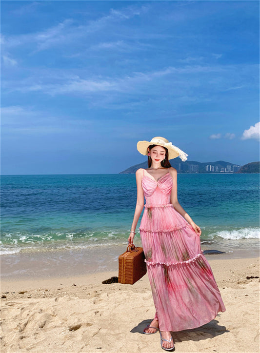 Fancy Spaghetti Strap A-Line Floral Maxi Dress Pretty Cinched-Waist Ruffles Long Dress AP3385