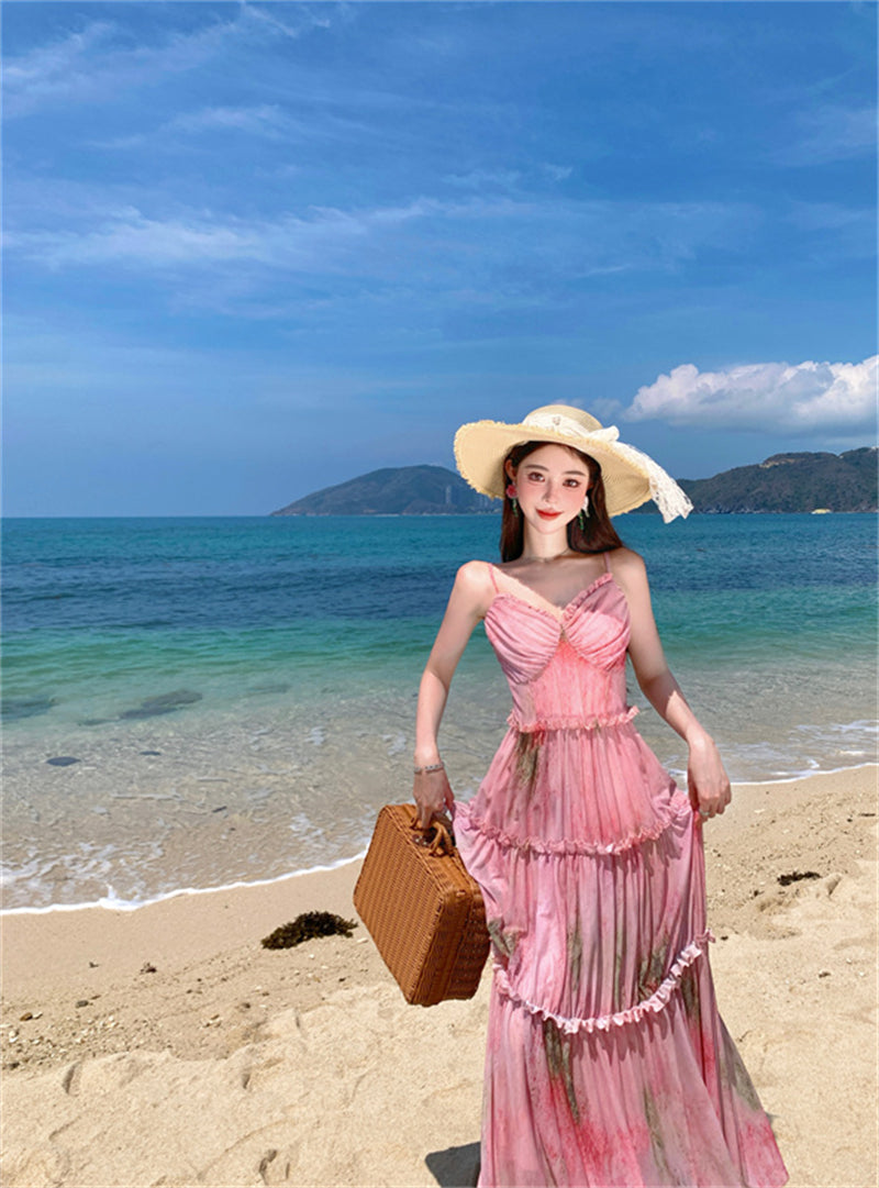 Fancy Spaghetti Strap A-Line Floral Maxi Dress Pretty Cinched-Waist Ruffles Long Dress AP3385