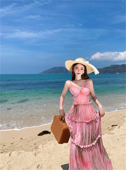 Fancy Spaghetti Strap A-Line Floral Maxi Dress Pretty Cinched-Waist Ruffles Long Dress AP3385