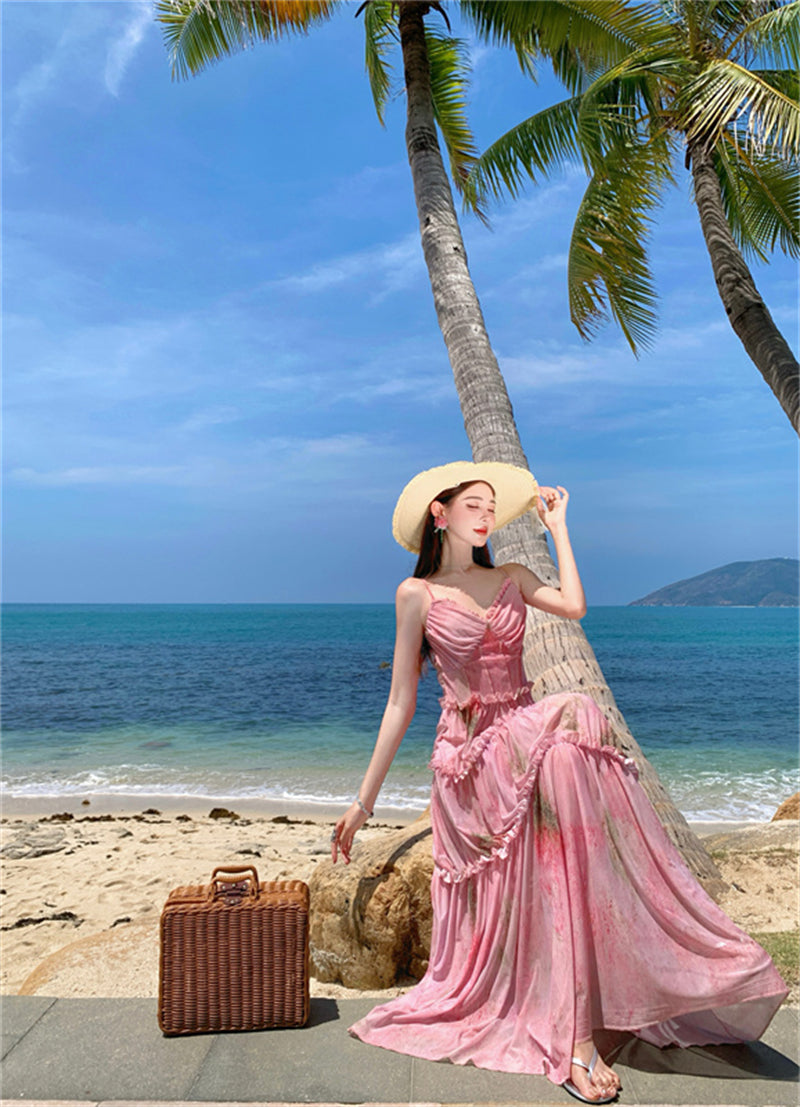 Fancy Spaghetti Strap A-Line Floral Maxi Dress Pretty Cinched-Waist Ruffles Long Dress AP3385