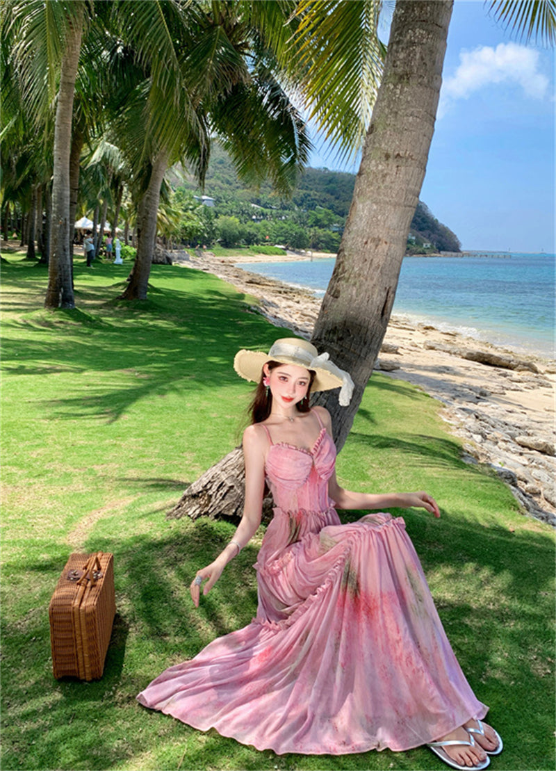 Fancy Spaghetti Strap A-Line Floral Maxi Dress Pretty Cinched-Waist Ruffles Long Dress AP3385