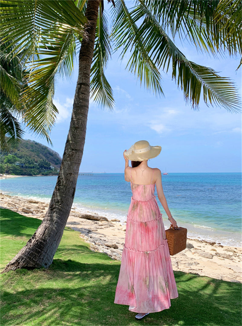 Fancy Spaghetti Strap A-Line Floral Maxi Dress Pretty Cinched-Waist Ruffles Long Dress AP3385