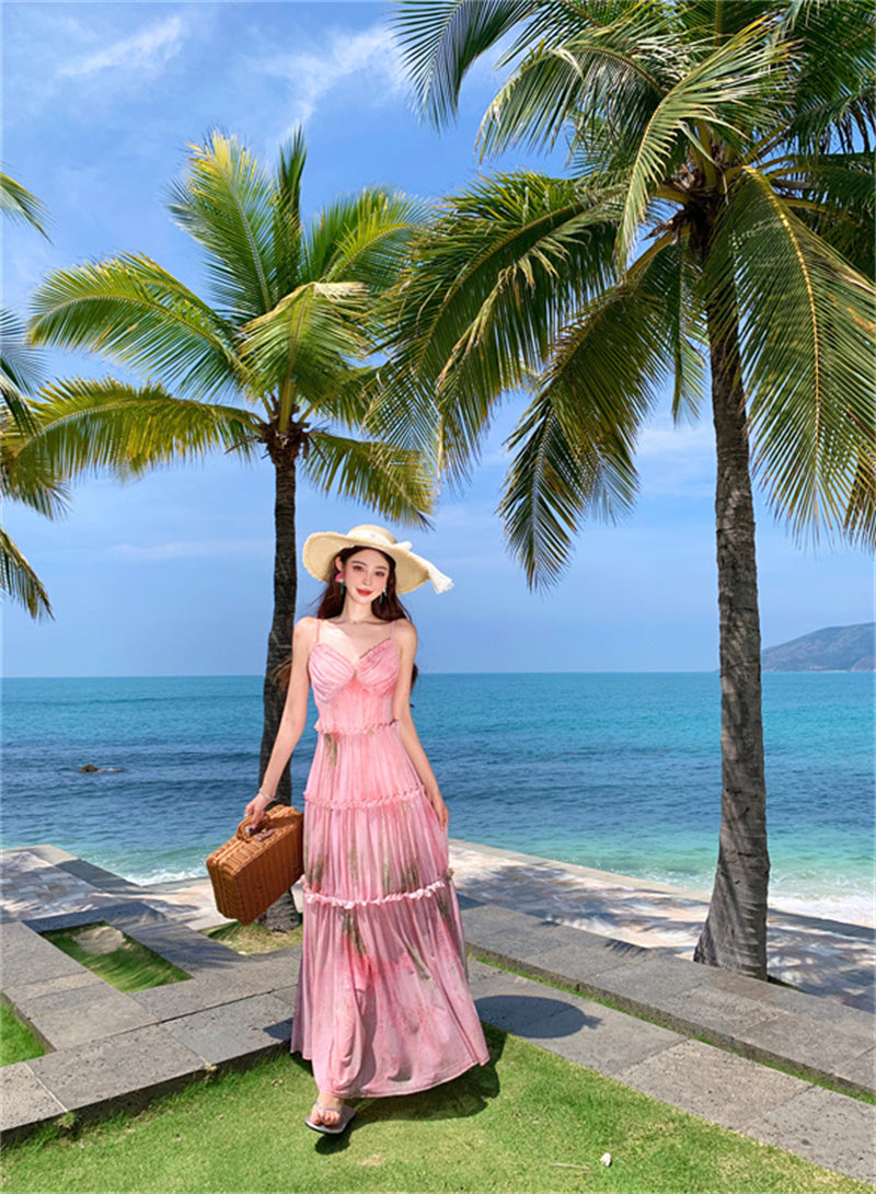 Fancy Spaghetti Strap A-Line Floral Maxi Dress Pretty Cinched-Waist Ruffles Long Dress AP3385