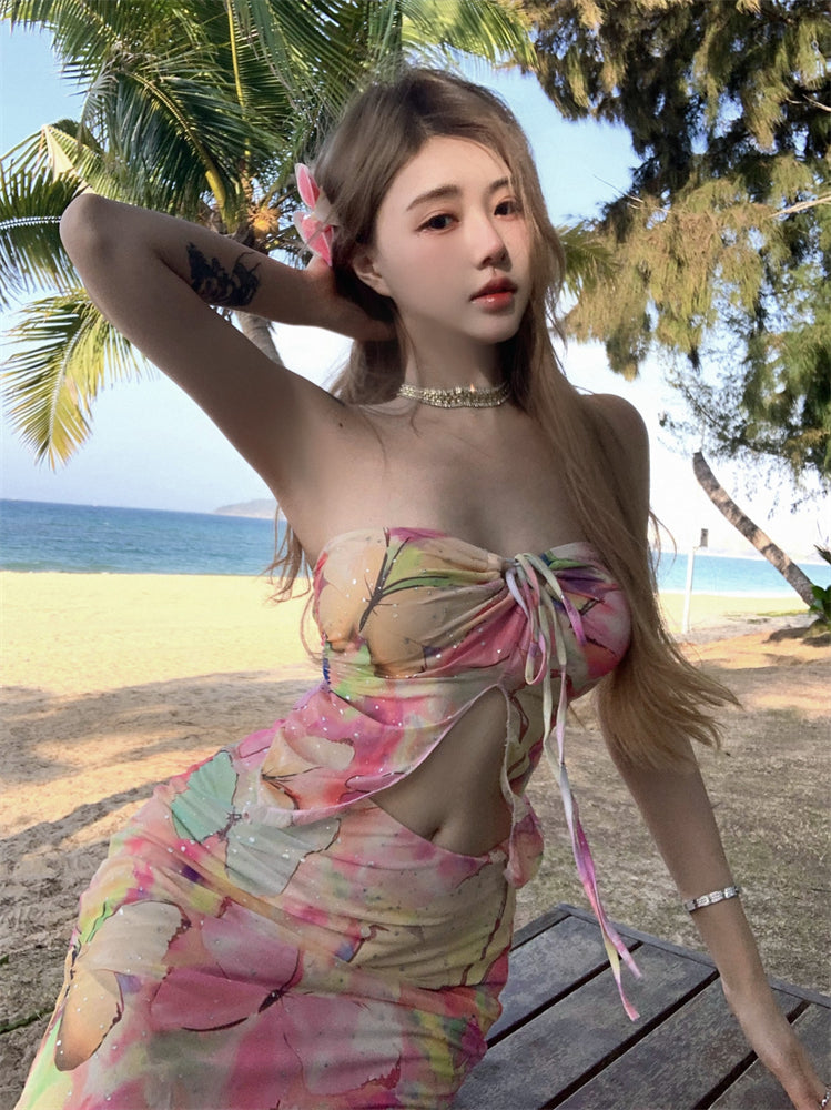 Pretty 2-Piece Set Sheath Maxi Dresses Hot Girls Strapless Open Waist Floral Print Sequins Side Slit Long Dress AP3386