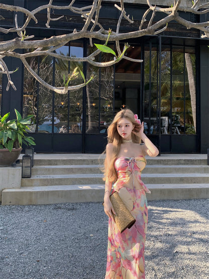 Pretty 2-Piece Set Sheath Maxi Dresses Hot Girls Strapless Open Waist Floral Print Sequins Side Slit Long Dress AP3386