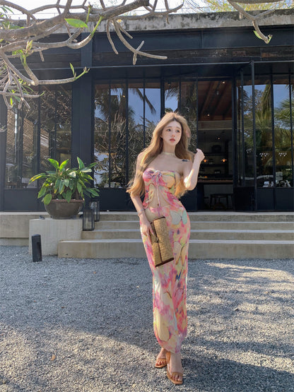 Pretty 2-Piece Set Sheath Maxi Dresses Hot Girls Strapless Open Waist Floral Print Sequins Side Slit Long Dress AP3386