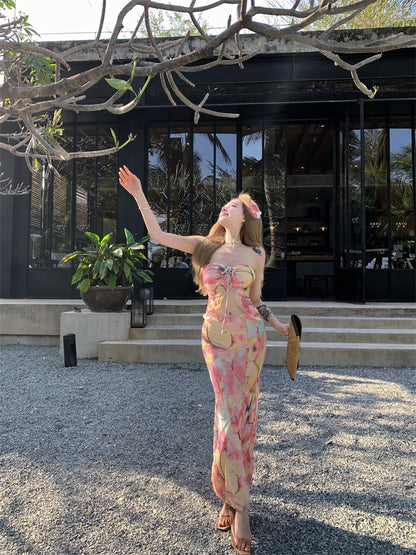 Pretty 2-Piece Set Sheath Maxi Dresses Hot Girls Strapless Open Waist Floral Print Sequins Side Slit Long Dress AP3386