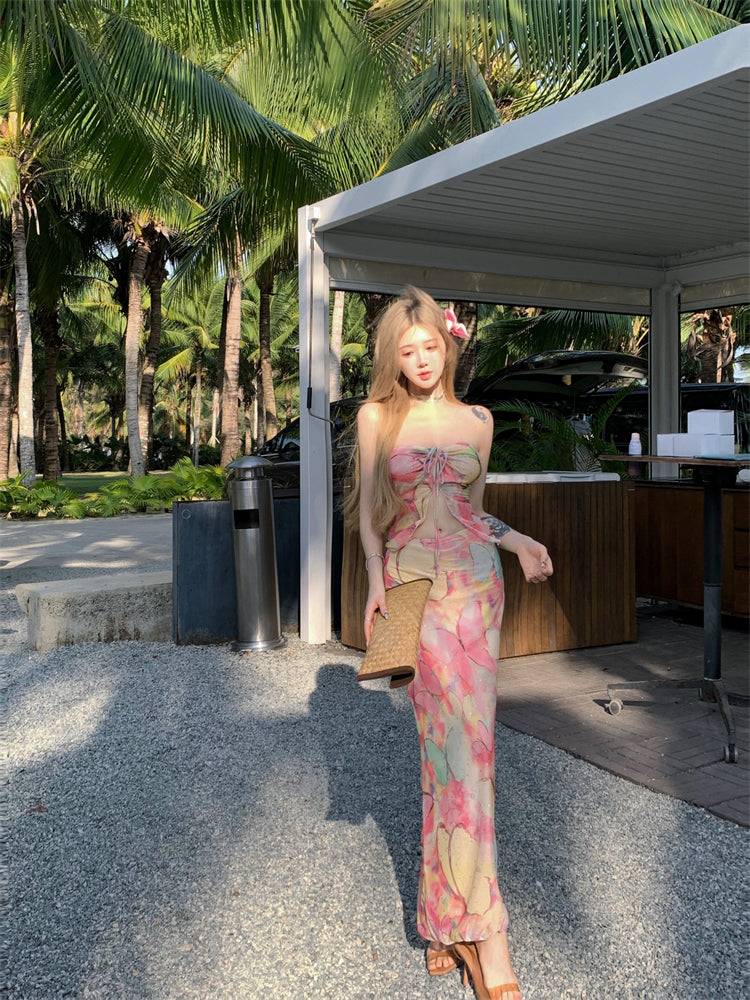 Pretty 2-Piece Set Sheath Maxi Dresses Hot Girls Strapless Open Waist Floral Print Sequins Side Slit Long Dress AP3386