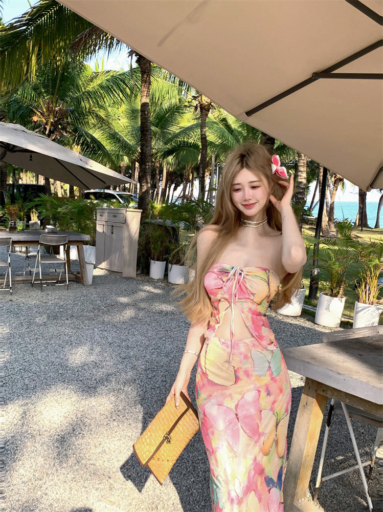 Pretty 2-Piece Set Sheath Maxi Dresses Hot Girls Strapless Open Waist Floral Print Sequins Side Slit Long Dress AP3386