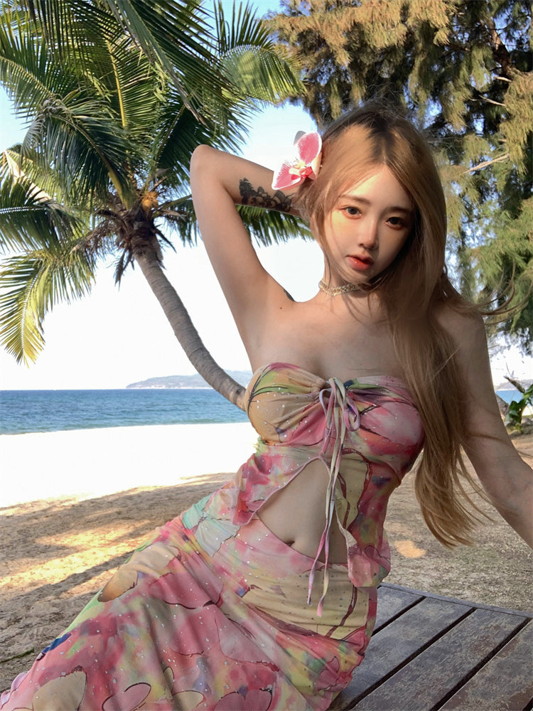 Pretty 2-Piece Set Sheath Maxi Dresses Hot Girls Strapless Open Waist Floral Print Sequins Side Slit Long Dress AP3386