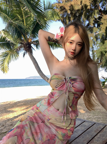 Pretty 2-Piece Set Sheath Maxi Dresses Hot Girls Strapless Open Waist Floral Print Sequins Side Slit Long Dress AP3386