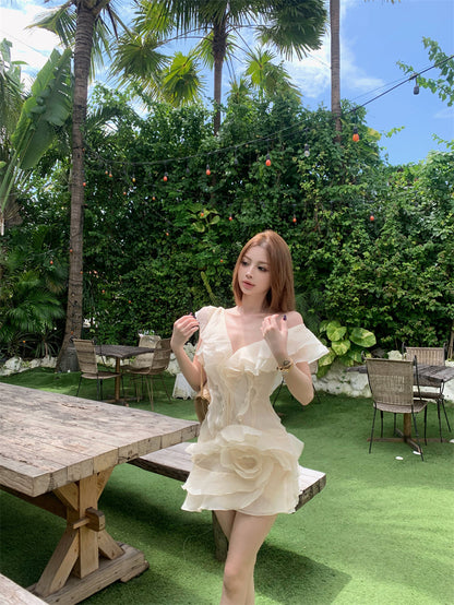 Princess A-Line V-Neck Mini Skirt Modern Floral Ruffles Short Dress AP3387