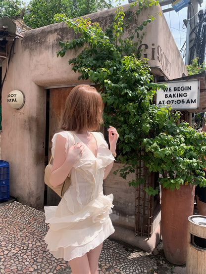 Princess A-Line V-Neck Mini Skirt Modern Floral Ruffles Short Dress AP3387