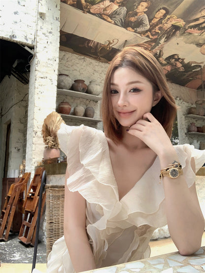 Princess A-Line V-Neck Mini Skirt Modern Floral Ruffles Short Dress AP3387