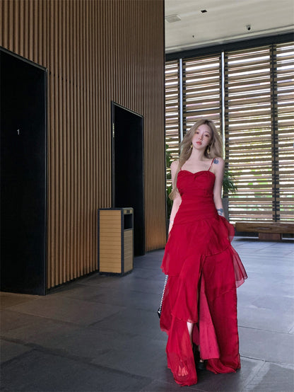 Modern Spaghetti Strap A-Line Maxi Dress Gen Z Style Ruffles High-Slit Red Long Dress AP3388
