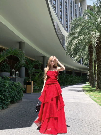 Modern Spaghetti Strap A-Line Maxi Dress Gen Z Style Ruffles High-Slit Red Long Dress AP3388