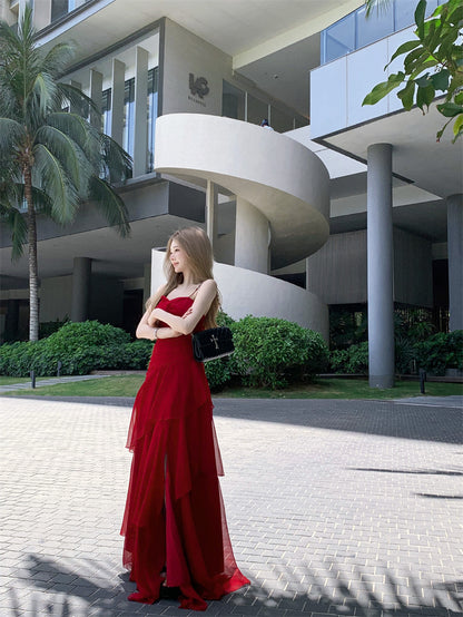 Modern Spaghetti Strap A-Line Maxi Dress Gen Z Style Ruffles High-Slit Red Long Dress AP3388