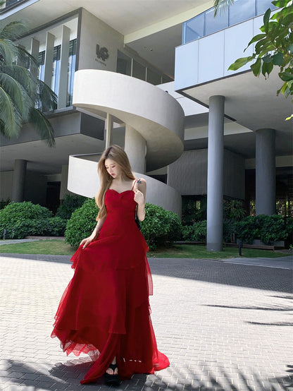 Modern Spaghetti Strap A-Line Maxi Dress Gen Z Style Ruffles High-Slit Red Long Dress AP3388