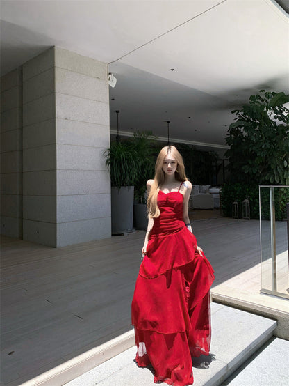 Modern Spaghetti Strap A-Line Maxi Dress Gen Z Style Ruffles High-Slit Red Long Dress AP3388