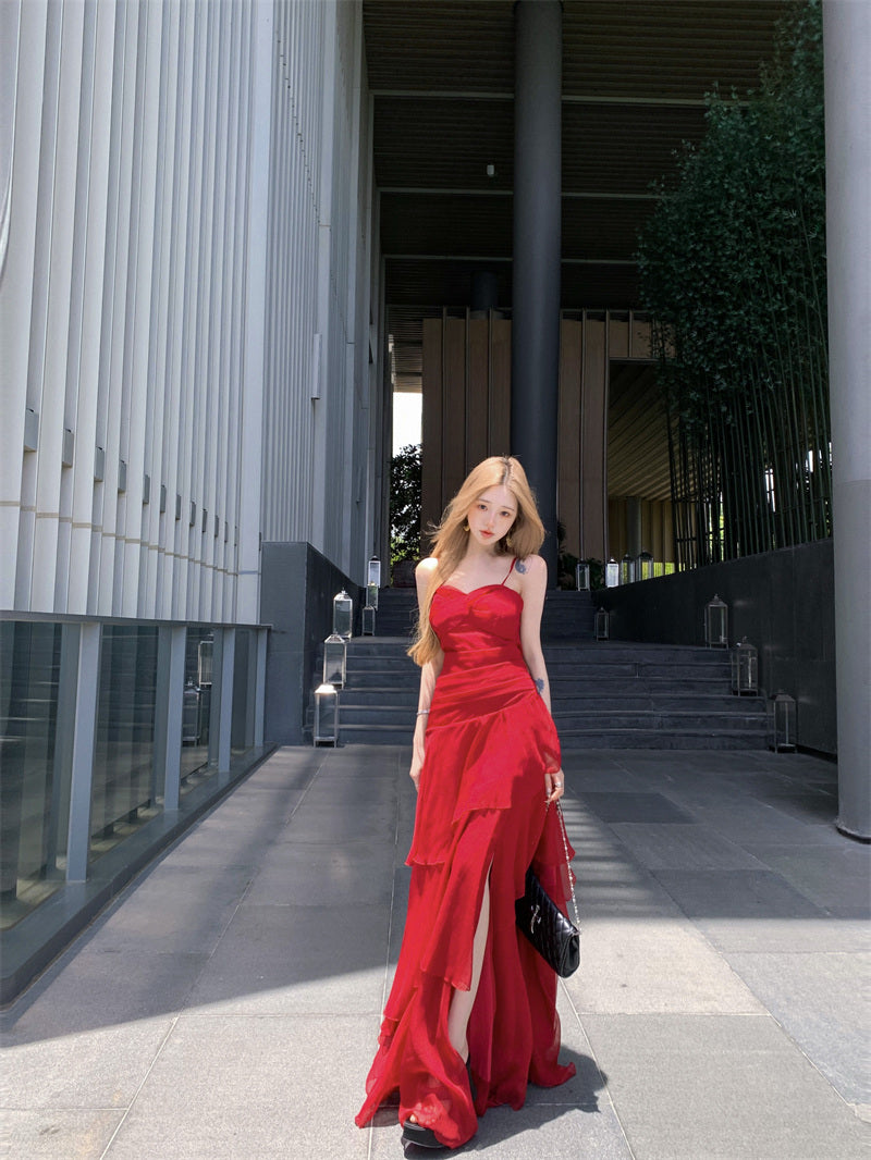 Modern Spaghetti Strap A-Line Maxi Dress Gen Z Style Ruffles High-Slit Red Long Dress AP3388