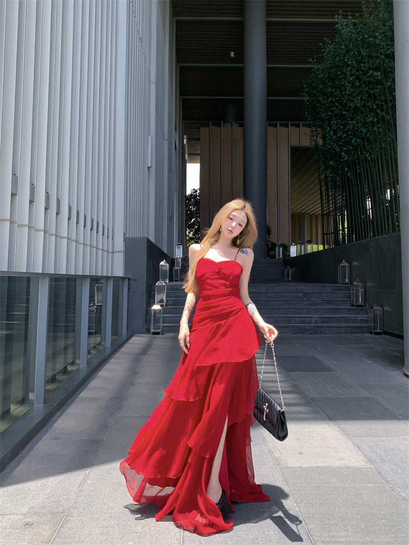 Modern Spaghetti Strap A-Line Maxi Dress Gen Z Style Ruffles High-Slit Red Long Dress AP3388