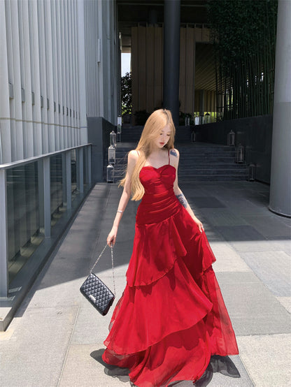 Modern Spaghetti Strap A-Line Maxi Dress Gen Z Style Ruffles High-Slit Red Long Dress AP3388