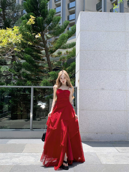Modern Spaghetti Strap A-Line Maxi Dress Gen Z Style Ruffles High-Slit Red Long Dress AP3388