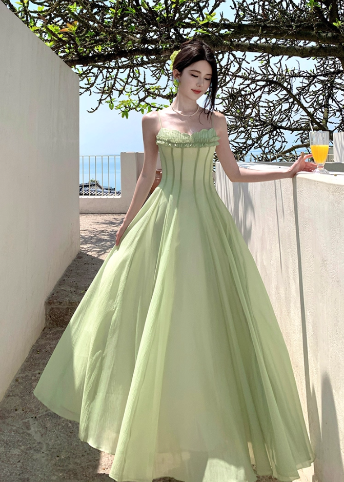 Attractive Ruffles Spaghetti Strap A-Line Maxi Dress Sexy Cinched-Waist Tulle Long Dress AP3389