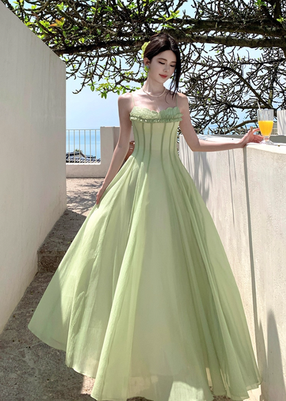 Attractive Ruffles Spaghetti Strap A-Line Maxi Dress Sexy Cinched-Waist Tulle Long Dress AP3389