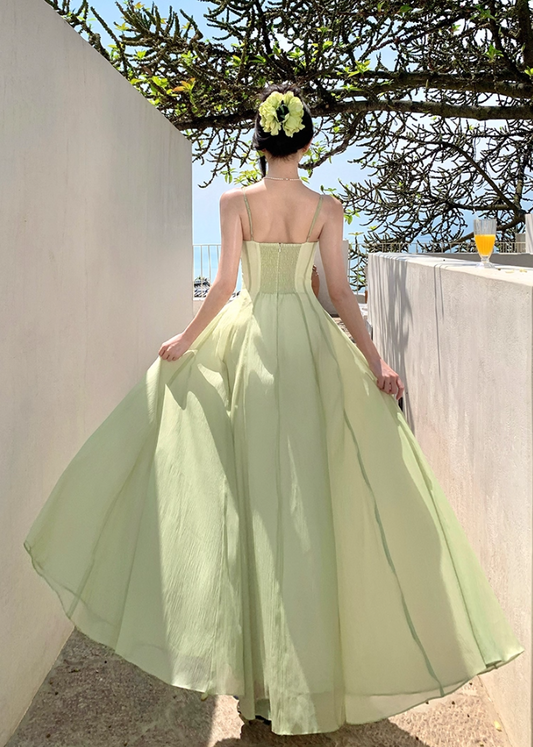 Attractive Ruffles Spaghetti Strap A-Line Maxi Dress Sexy Cinched-Waist Tulle Long Dress AP3389