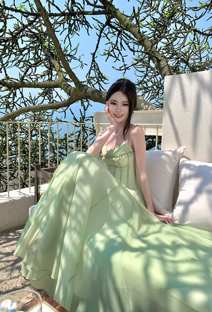 Attractive Ruffles Spaghetti Strap A-Line Maxi Dress Sexy Cinched-Waist Tulle Long Dress AP3389