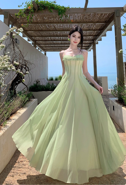 Attractive Ruffles Spaghetti Strap A-Line Maxi Dress Sexy Cinched-Waist Tulle Long Dress AP3389