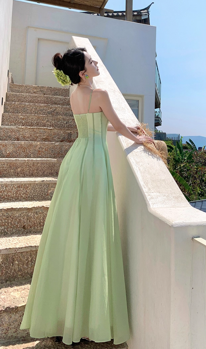 Attractive Ruffles Spaghetti Strap A-Line Maxi Dress Sexy Cinched-Waist Tulle Long Dress AP3389