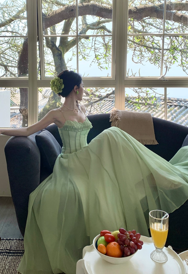 Attractive Ruffles Spaghetti Strap A-Line Maxi Dress Sexy Cinched-Waist Tulle Long Dress AP3389