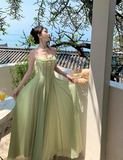 Attractive Ruffles Spaghetti Strap A-Line Maxi Dress Sexy Cinched-Waist Tulle Long Dress AP3389