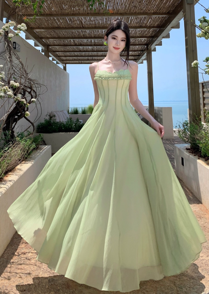 Attractive Ruffles Spaghetti Strap A-Line Maxi Dress Sexy Cinched-Waist Tulle Long Dress AP3389